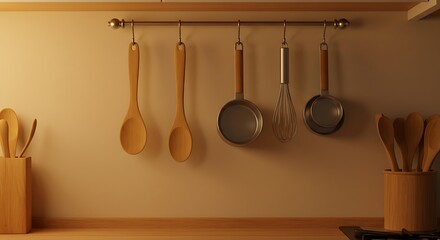 A warm and inviting kitchen scene with essential cooking utensils like spoons and pans neatly organized on a hanging rack