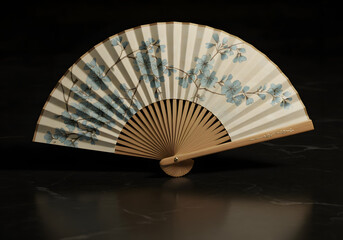 Elegant hand fan with floral and striped pattern on black backdrop