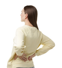Woman suffering from back pain on white background