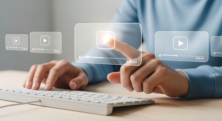 man's hands hovering over virtual play button. Using Watch video with your website