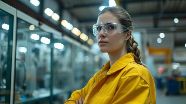 Woman in yellow uniform and safety glasses standing in a factory with arms crossed looking forward