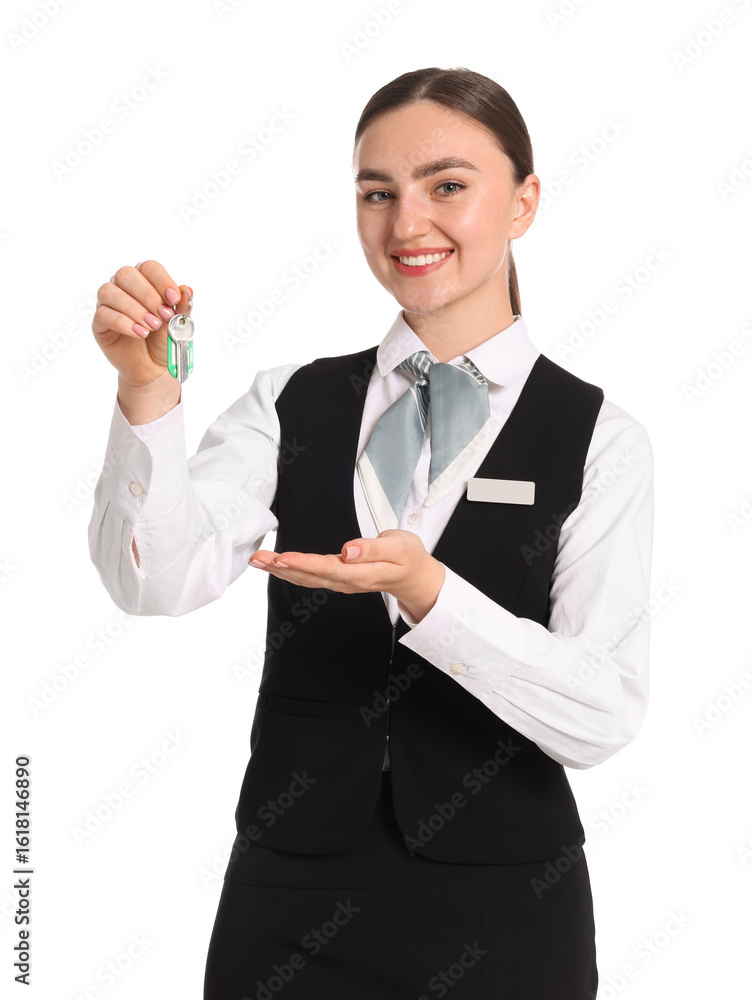 Poster smiling receptionist in uniform with guest room key on white background