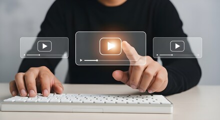 man's hands hovering over virtual play button. Using Watch video with your website
