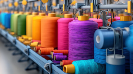 Vibrant Spools of Thread on Industrial Sewing Machine Displaying a Rainbow of Colors in Textile Workshop Environment
