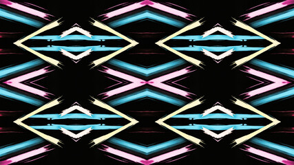 Seamless futuristic digital pattern with turquoise, pink, and white geometric shapes on a black background, creating a high-contrast neon effect.