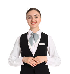 Smiling receptionist in uniform on white background
