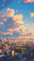 夕陽が沈みゆく瞬間、街が静かに染まる様子を手描きで描いたパノラマ背景、ノスタルジックな色合いと叙情性が溢れる、心を穏やかに包み込む風景イラスト