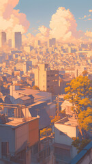 遠くのビル群から近くの住宅街までを優しい筆致で描き出した夕焼けの街、ノスタルジックな光に包まれるパノラマ構図の手描きイラスト、懐かしさと温もりを感じる作品