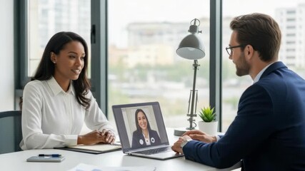 Professional business meeting in a modern office setting featuring a woman and a man engaged in conversation with a laptop displaying a video call in the background and cityscape visible through large - Powered by Adobe