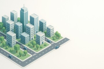 Isometric city scene with modern buildings, roads, and parks in the left part and clean white space on the right. Ideal urban abstract for fintech, logistics, and smart-city digital presentations.