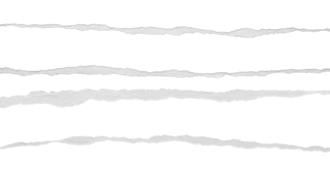 Multiple horizontal strips of transparent paper, each with ragged, uneven, torn edges and subtle gray shading, showcasing fine tactile texture, isolated cleanly on a transparent background with
