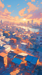 遠くのビル群から近くの住宅街までを優しい筆致で描き出した夕焼けの街、ノスタルジックな光に包まれるパノラマ構図の手描きイラスト、懐かしさと温もりを感じる作品