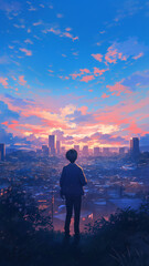 遠くのビル群から近くの住宅街までを優しい筆致で描き出した夕焼けの街、ノスタルジックな光に包まれるパノラマ構図の手描きイラスト、懐かしさと温もりを感じる作品