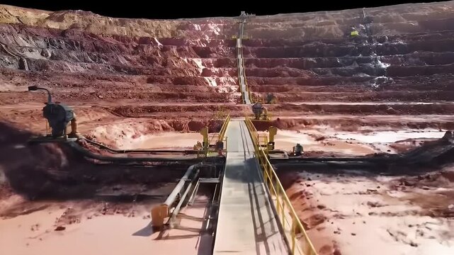 Aerial View of Copper Heap Leaching Pad With Reddish Brown Terrain and Yellow Metal Structures Mining Terraces and Industrial Infrastructure for Resource Extraction Mineral Processing in Daytime
