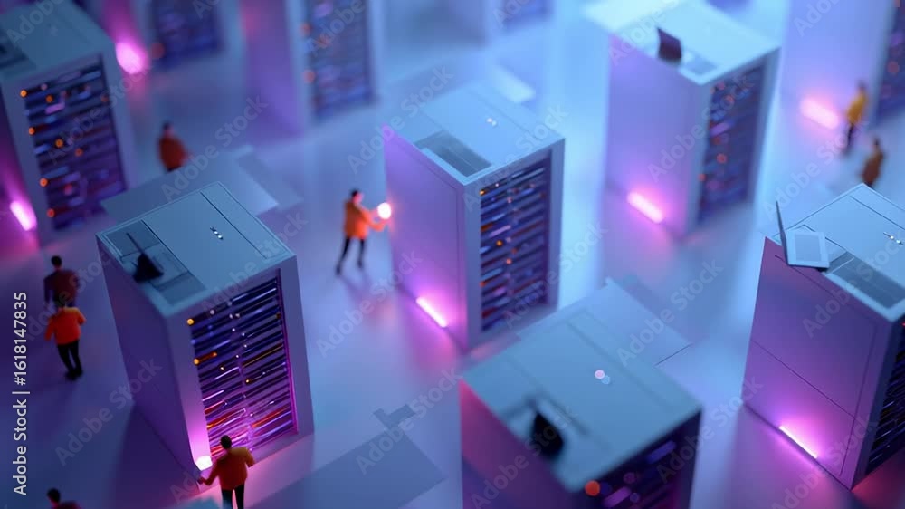 Poster isometric illustration showcasing advanced data storage solutions in a high-tech environment