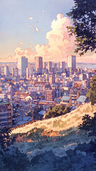 夕暮れ時の街の景色を俯瞰で描いたパノラマ構図のイラスト、やわらかなタッチとノスタルジー漂う色彩が特徴で、手描き感のある心に残る風景アート作品