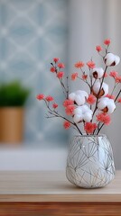 Pastel Cotton And Pink Flower Arrangement In White Vase