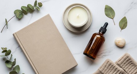 Serene Spa Flatlay Book Candle Essential Oil Eucalyptus and Towel on Marble
