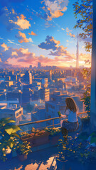 夕暮れ時の街の景色を俯瞰で描いたパノラマ構図のイラスト、やわらかなタッチとノスタルジー漂う色彩が特徴で、手描き感のある心に残る風景アート作品