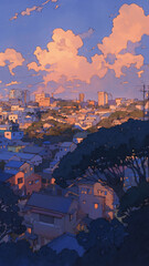 夕暮れ時の街の景色を俯瞰で描いたパノラマ構図のイラスト、やわらかなタッチとノスタルジー漂う色彩が特徴で、手描き感のある心に残る風景アート作品