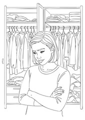 A young woman stands in front of an open closet filled with clothes, looking down with a thoughtful or slightly frustrated expression.