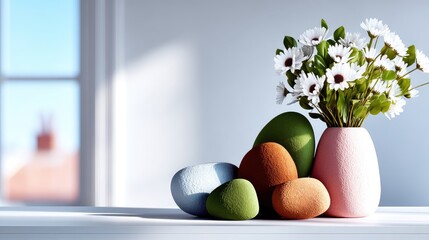 Pastel Easter Eggs and Daisies in Pink Vase