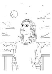 A young woman stands on a balcony, looking up at the moon and stars in the night sky.