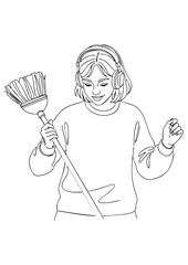A young woman wears headphones and holds a broom, appearing to be sweeping or cleaning while listening to music.