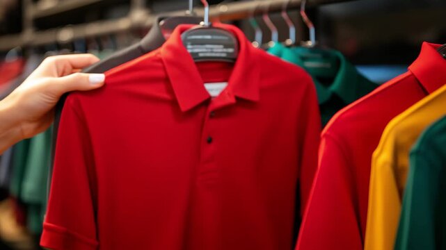 A rack of colorful polo shirts hanging neatly in a row with a focus on fashion and retail display