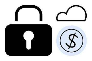 Black lock signifies security, cloud represents digital storage, dollar sign conveys financial protection. Ideal for cybersecurity, cloud storage, financial safety, software encryption, privacy