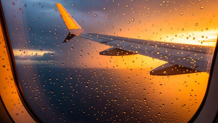 Airplane Window with Raindrops and Wing at Sunset Over Ocean