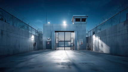 Industrial prison facility with high walls, guard tower, and large metal gates against a night sky setting