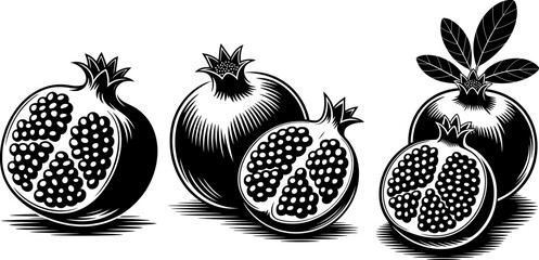 Classic black silhouette of round seeded pomegranate, ideal for autumn harvest designs, packaging, and botanical illustrations