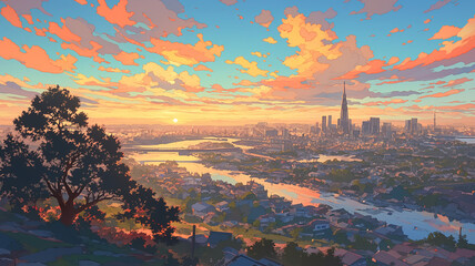 手描きの柔らかなタッチで描かれた夕焼け空と街のパノラマ、ノスタルジックな光が包む都市の風景が広がるイラスト、懐かしさと静けさを感じる叙情的な構図の背景素材