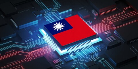 Computer processor with the flag of Taiwan on a circuit board