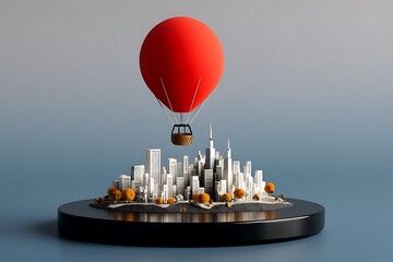 Whimsical 3D Model Of Modern City With Hot Air Balloon