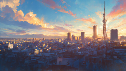 手描きの柔らかなタッチで描かれた夕焼け空と街のパノラマ、ノスタルジックな光が包む都市の風景が広がるイラスト、懐かしさと静けさを感じる叙情的な構図の背景素材