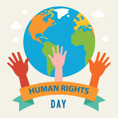 Diverse hands reaching towards a vibrant planet earth symbolizing global unity and the celebration of human rights day with a banner proclaiming human rights day