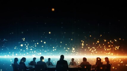 A diverse group of professionals engaged in a strategic meeting around a conference table illuminated by a dynamic digital backdrop of glowing particles symbolizing innovation and collaboration - Powered by Adobe