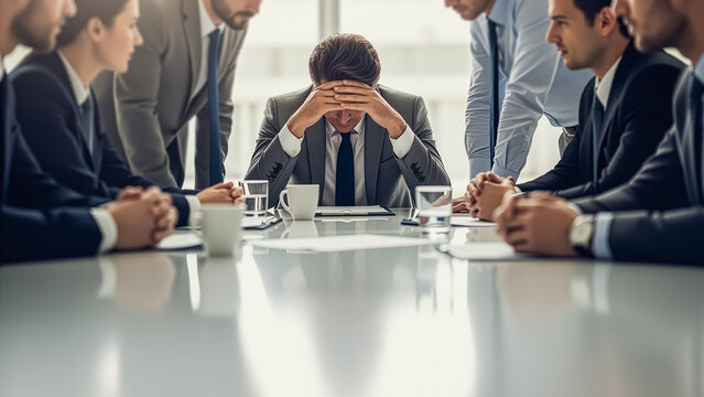 Business meeting stress overload, executive feels overwhelmed at boardroom table - Powered by Adobe