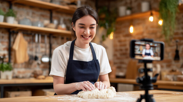 Young woman making dough in the kitchen, filming her process with a smartphone, enjoying hobby and sharing culinary skills