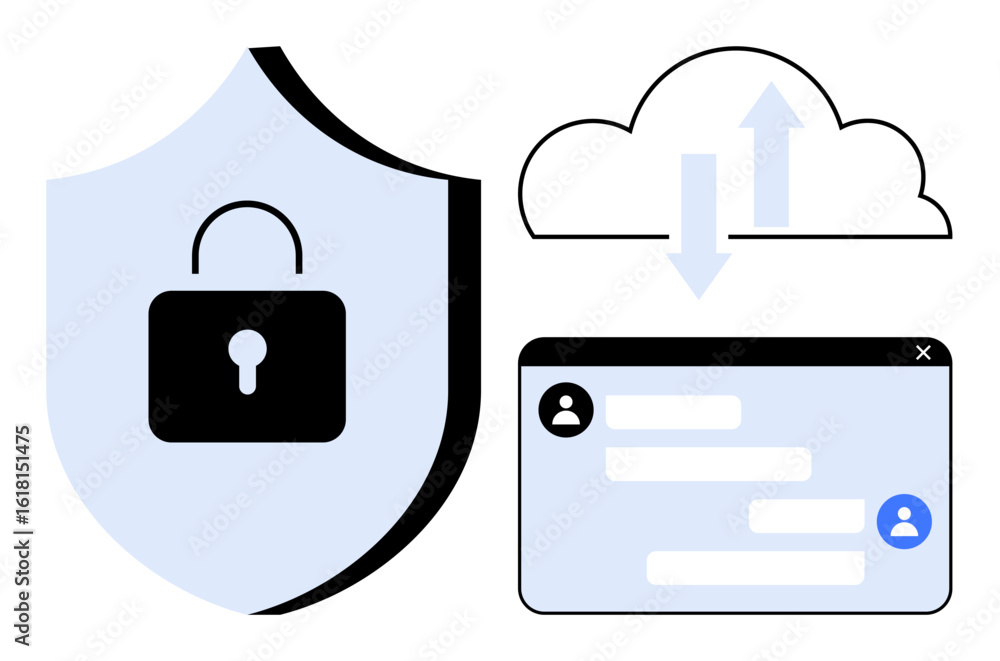 Poster shield with lock symbol, cloud with arrows for data transfer, and chat window with user icon. ideal 