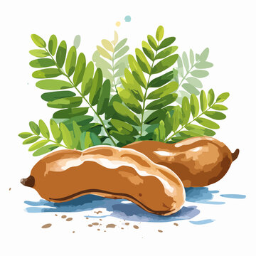 Ripe brown tamarind pods with glossy highlights and fresh green leaves in a watercolor vector style.