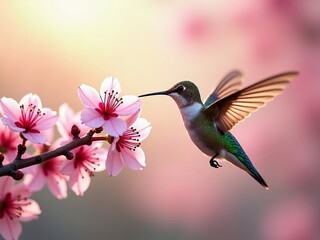 Naklejka premium Hummingbird feeding from cherry blossom flowers in spring, vibrant green bird hovering with soft pink floral background