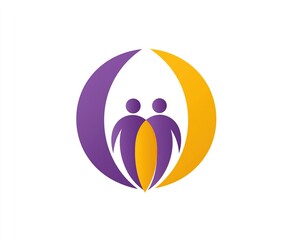Minimalist purple and yellow circular logo with two people holding hands, flat vector design for community service branding