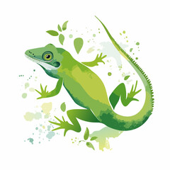Stylized green lizard with a long, curved tail and alert expression, depicted in a watercolor splash style.