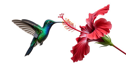 Obraz premium Hummingbird feeding on hibiscus isolated on white background