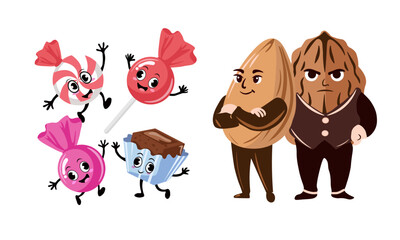 Funny candy characters and serious nut characters showing healthy versus unhealthy food concept illustration a vector