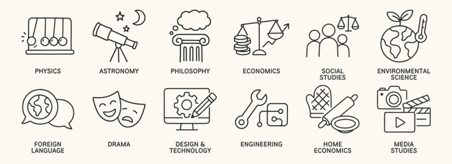 Modern school subjects doodle icon set. Cute hand drawn sketch illustrations of physics, astronomy, economics, media, engineering, philosophy. Black and white cartoon art for educational topics.