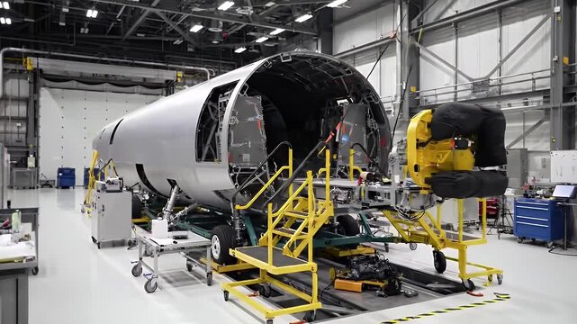 Aviation Safety Crash Test Center with Airframe Fuselage Resting on a Yellow Support Structure in an Industrial Setting Featuring Overhead Lighting Highlighting Structural Components Aerospace
